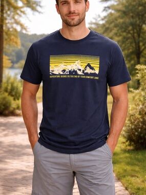 Men's Mountain Graphic T-Shirt in Dark Blue with Yellow Accent